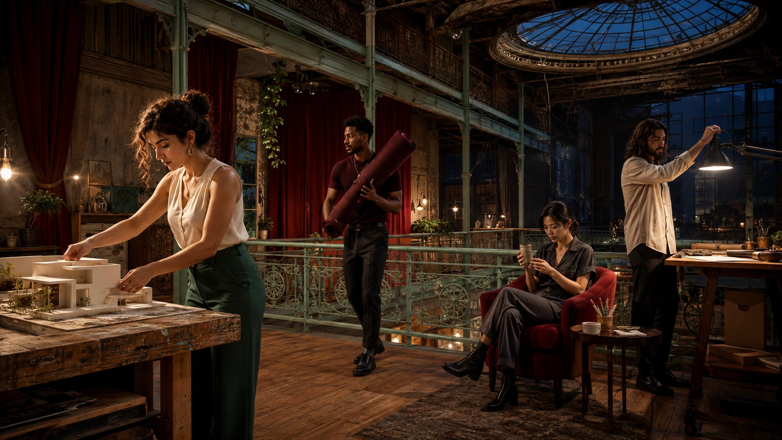 Four adult creators working independently in a converted theatre atrium.