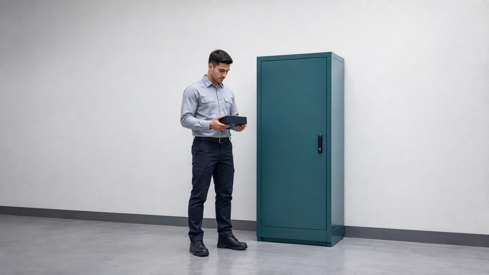 تکنسینی یک ماژول الکترونیکی سیاه را کنار کابینت خدمات فیروزهای بسته بررسی میکند.