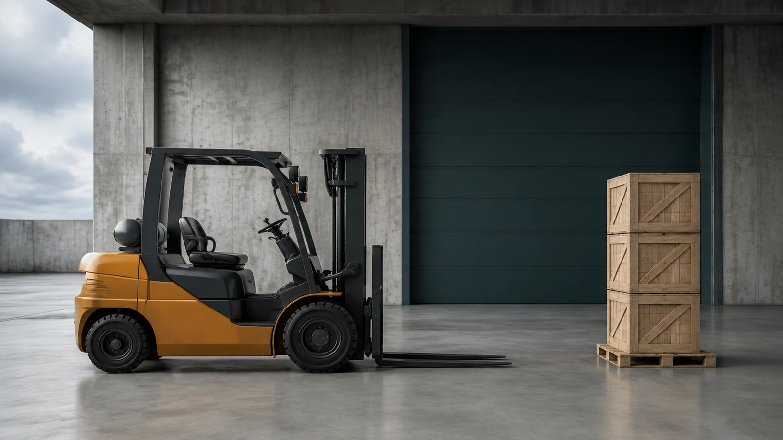 Sessiz bir yükleme alanında üst üste duran üç sandığın yanında hazır bekleyen boş forkliftin illüstrasyonu.