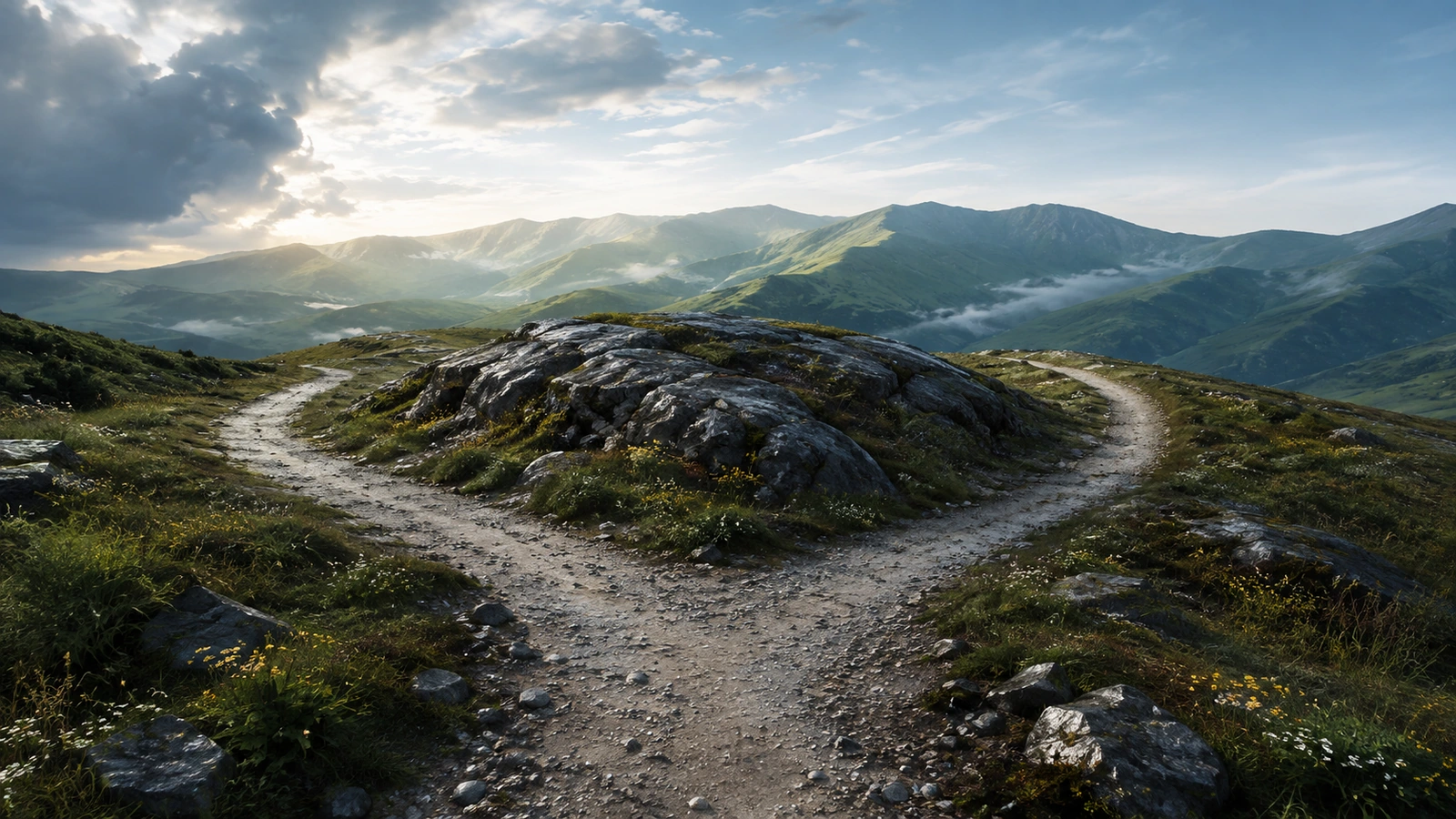 A gravel trail divides into two branches around a low rock outcrop in green mountains.
