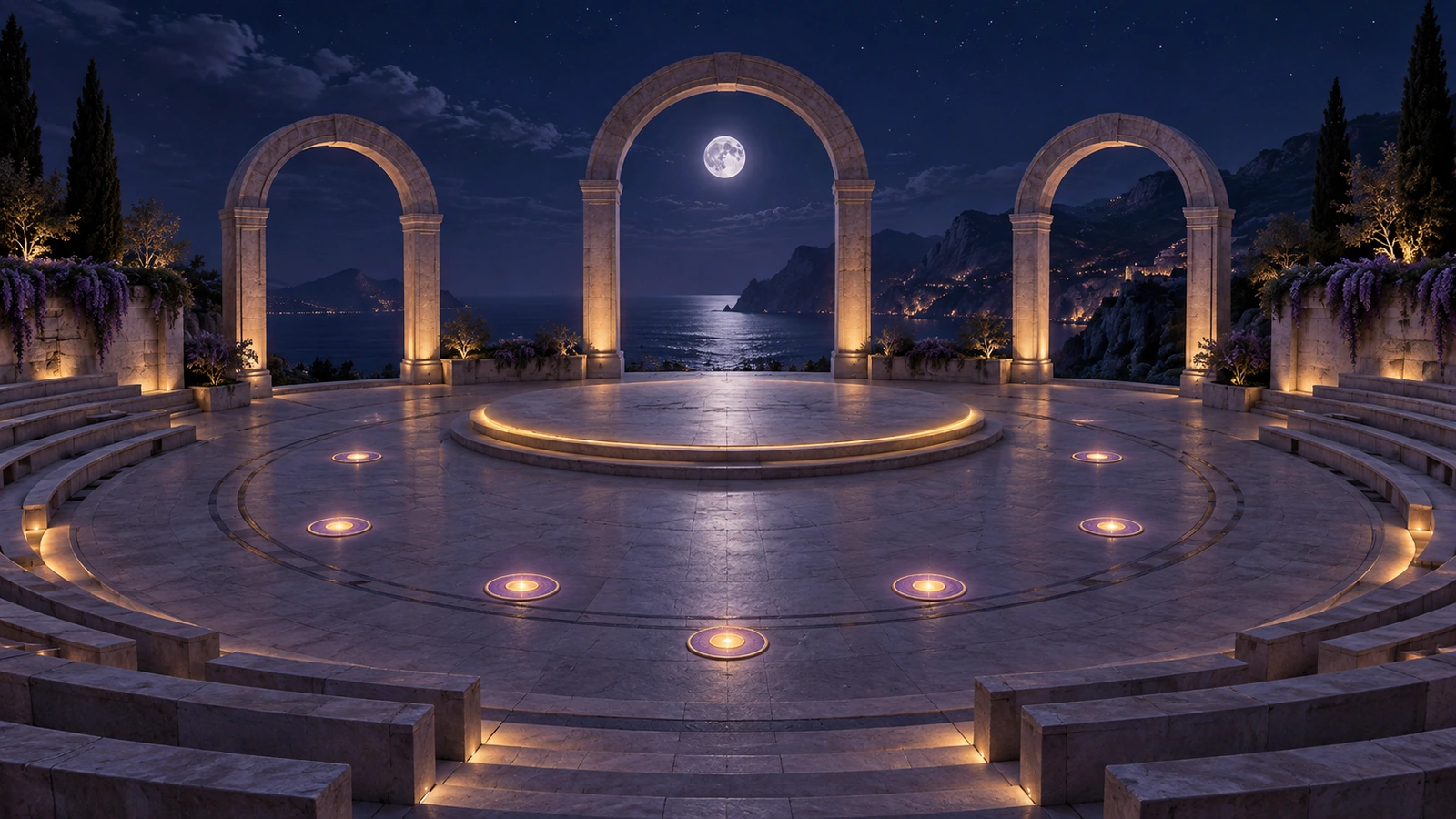 Gece boş bir tiyatroda tek dairesel sahne, üç açık kemer ve yedi hafifçe parlayan zemin işareti.
