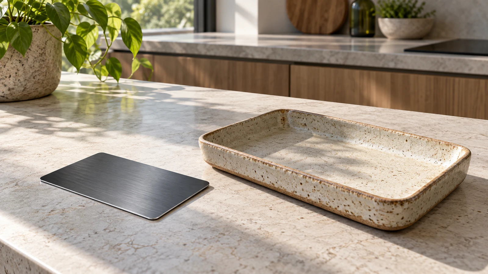 A single unmarked metal payment card beside an empty ceramic tray in a daylight kitchen.