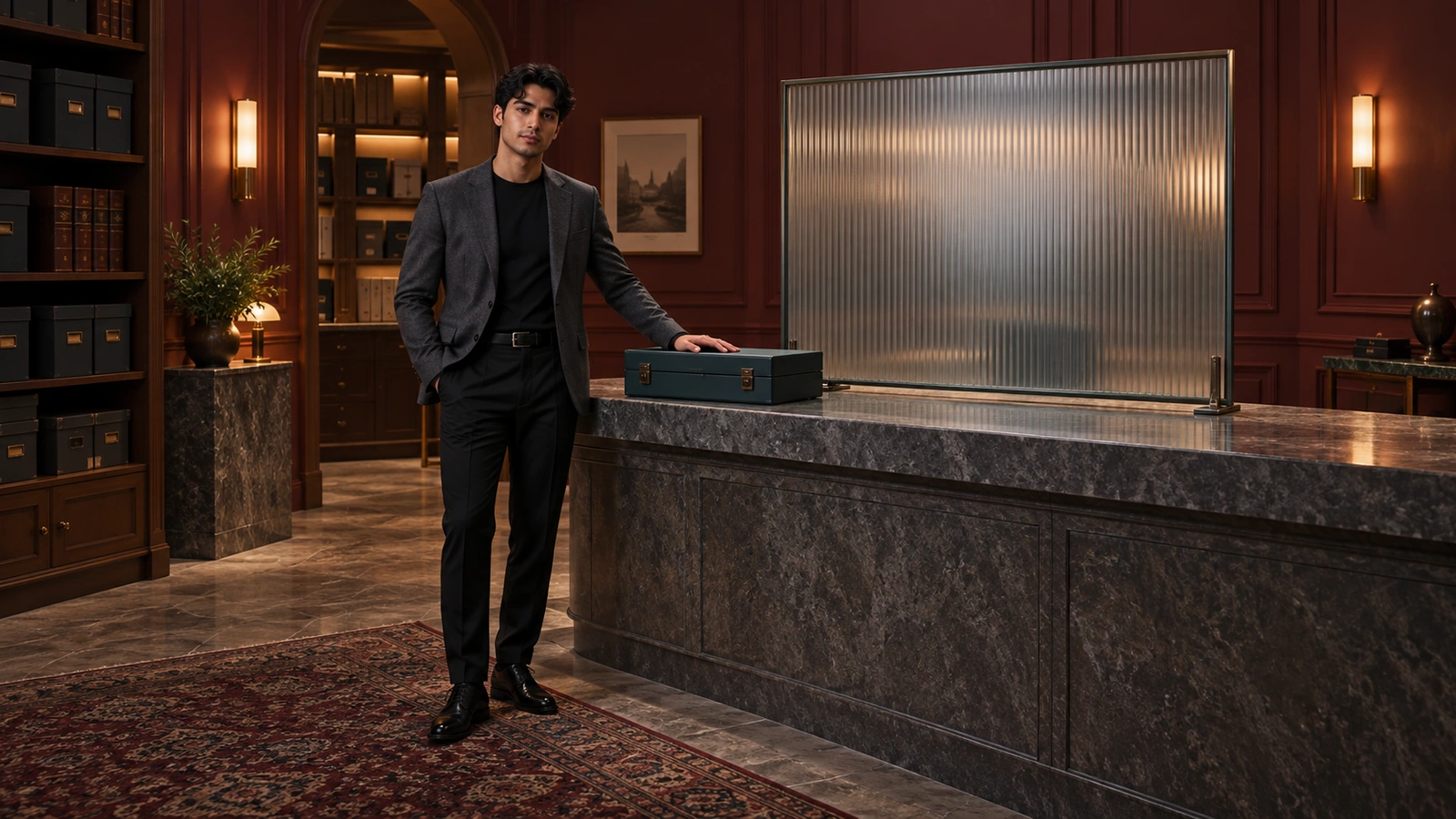 A man rests one hand on a closed teal case beside a frosted-glass privacy screen.