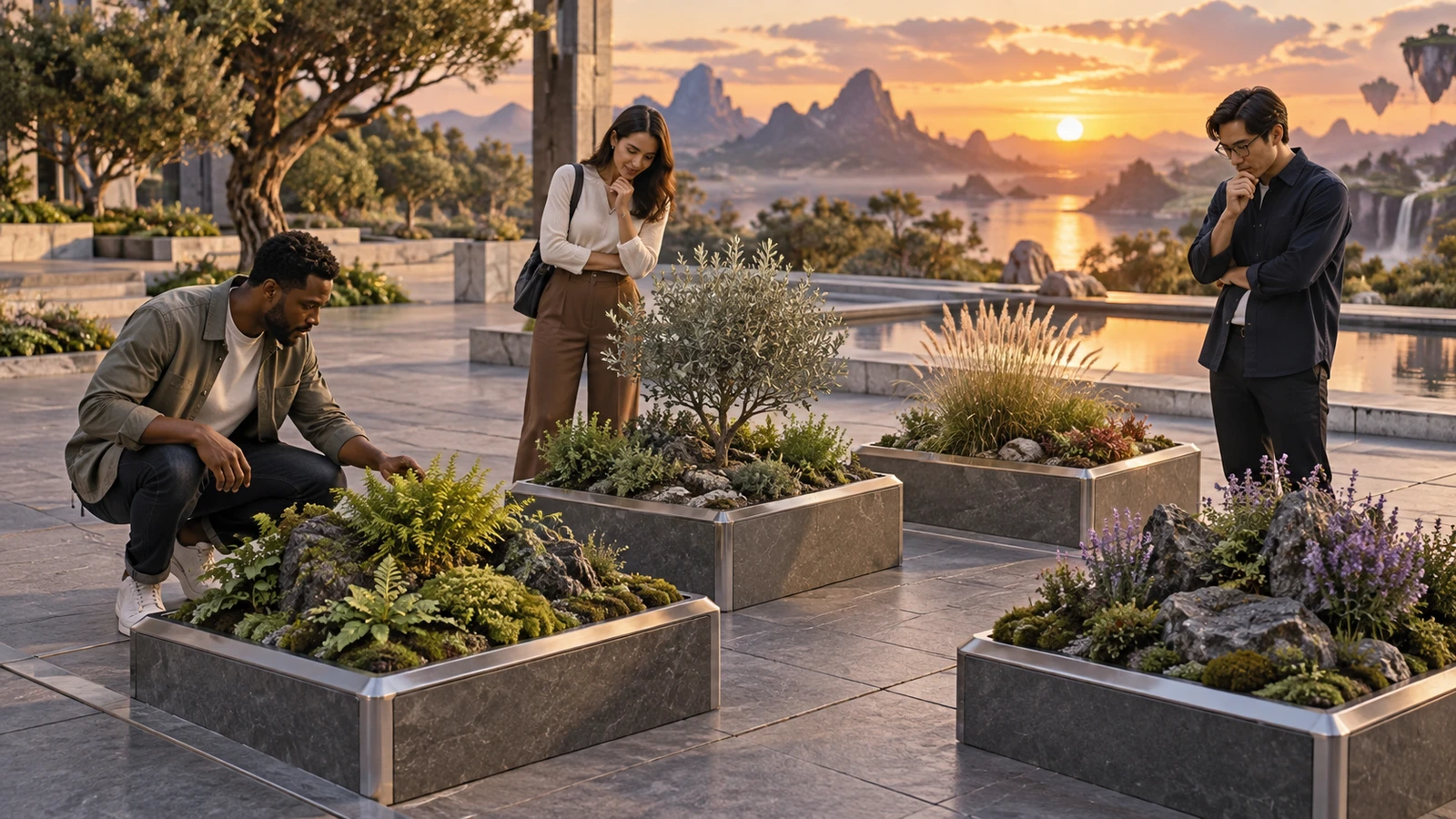 Three adult visitors observing physical modular garden plots in a sunlit public square.
