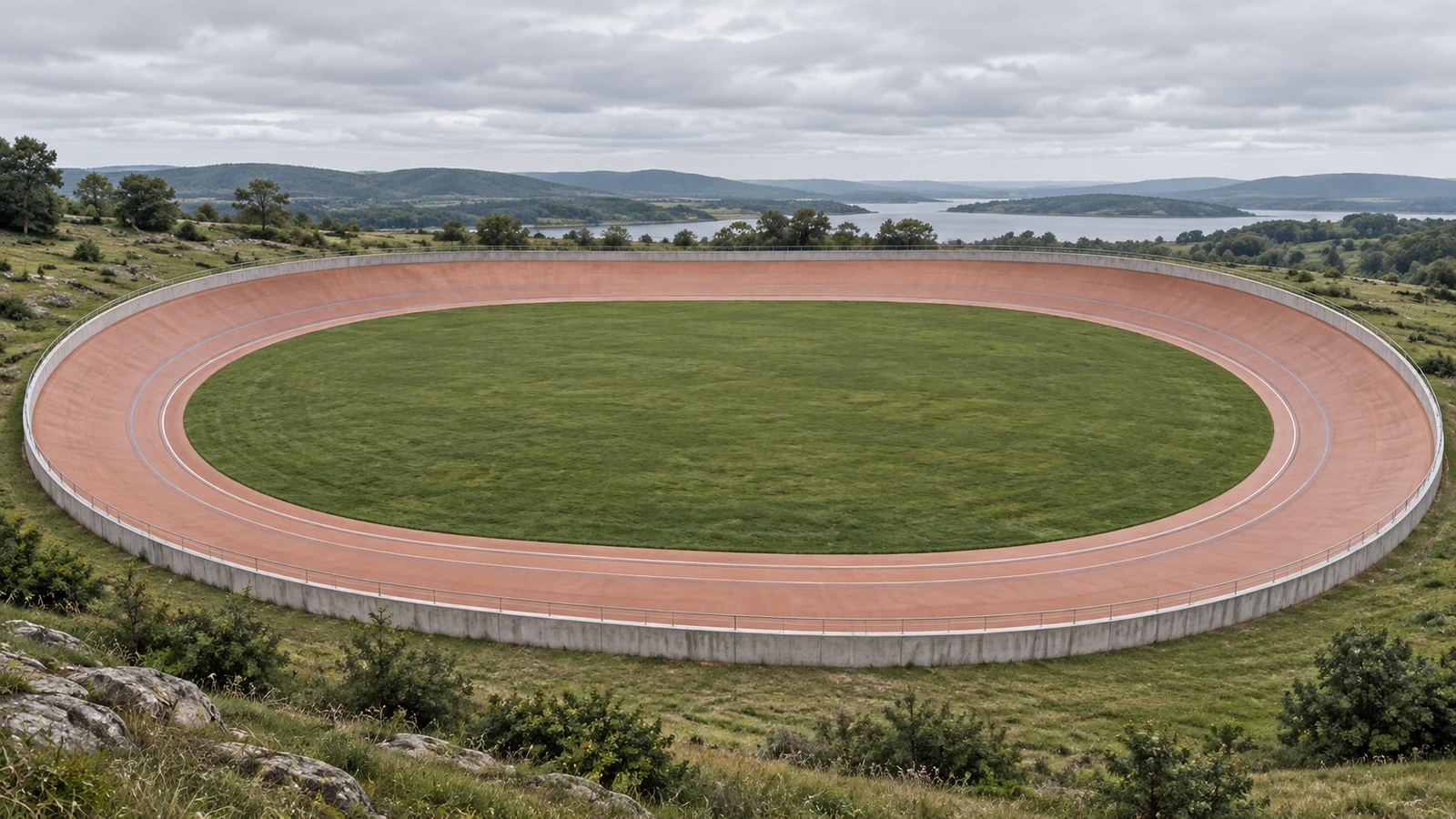 An empty oval cycling track surrounds a green infield beneath a gray sky.