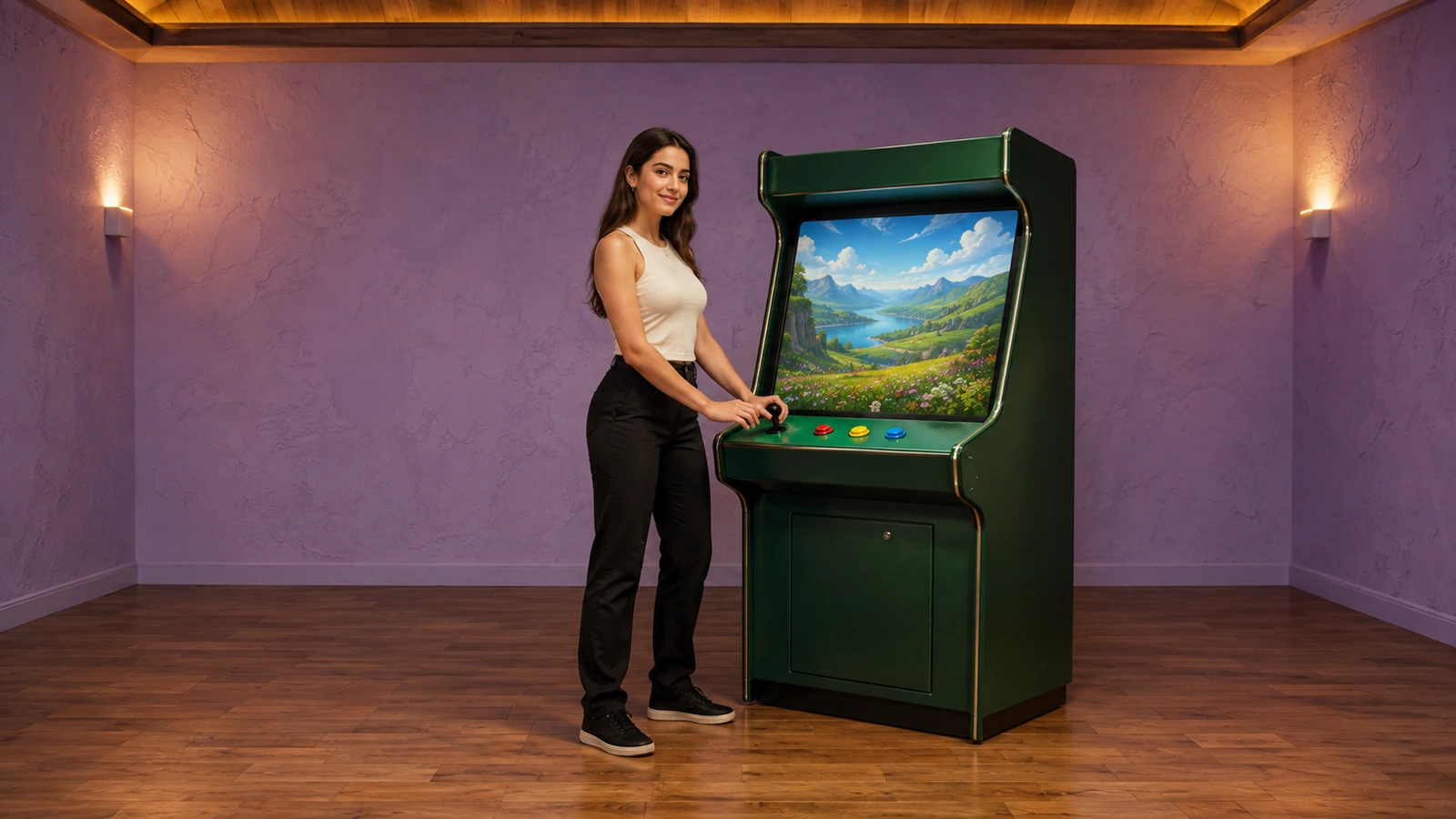 Bir kadın, sakin eğlence salonundaki tek yeşil arcade makinesinde manzara temalı oyun oynuyor.