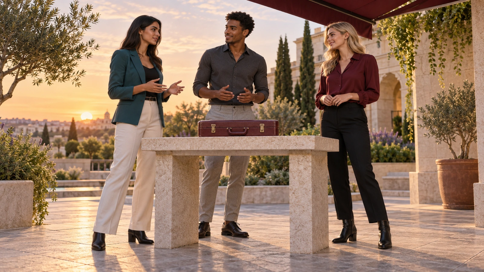 Three people discuss a closed burgundy case at an outdoor counter.