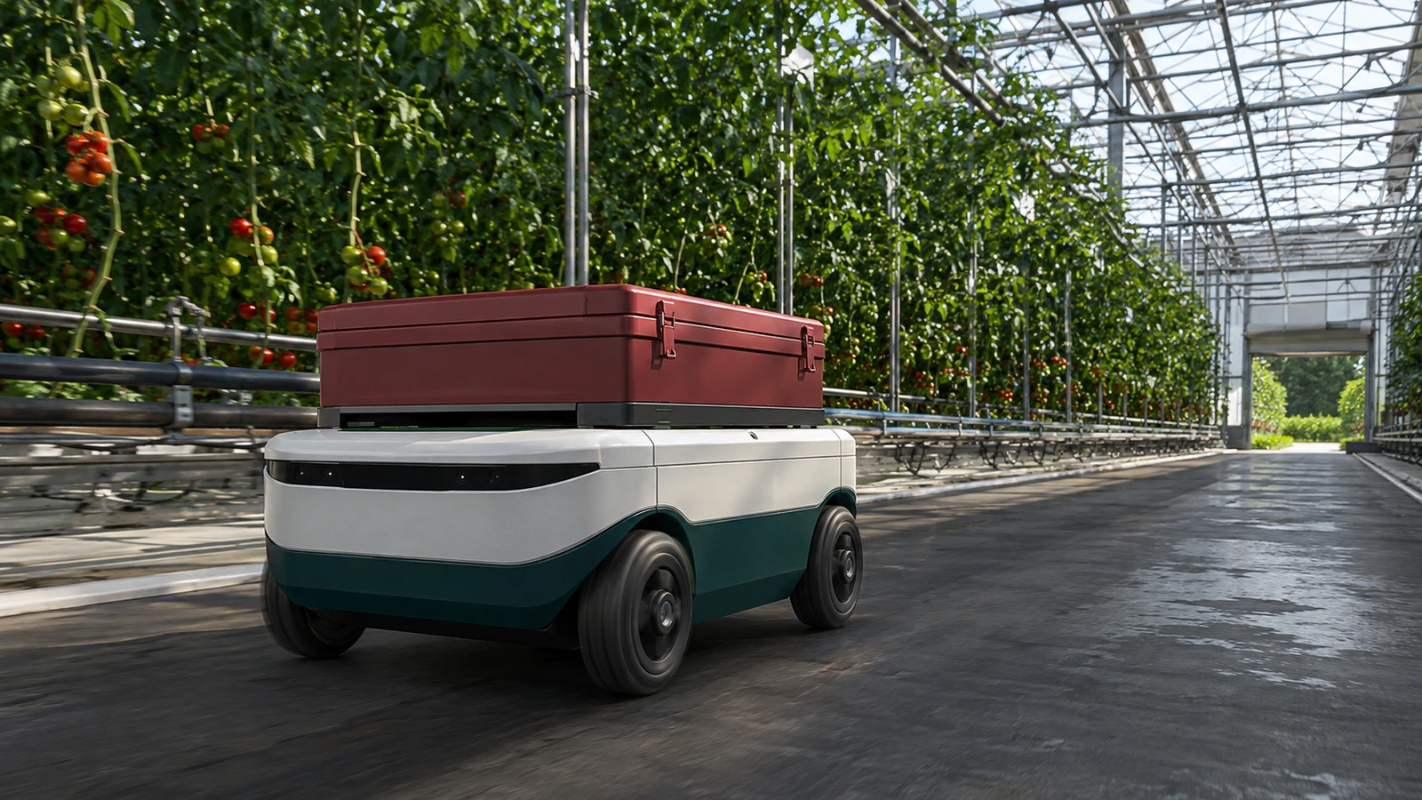 A compact cargo rover travelling through a bright greenhouse aisle.