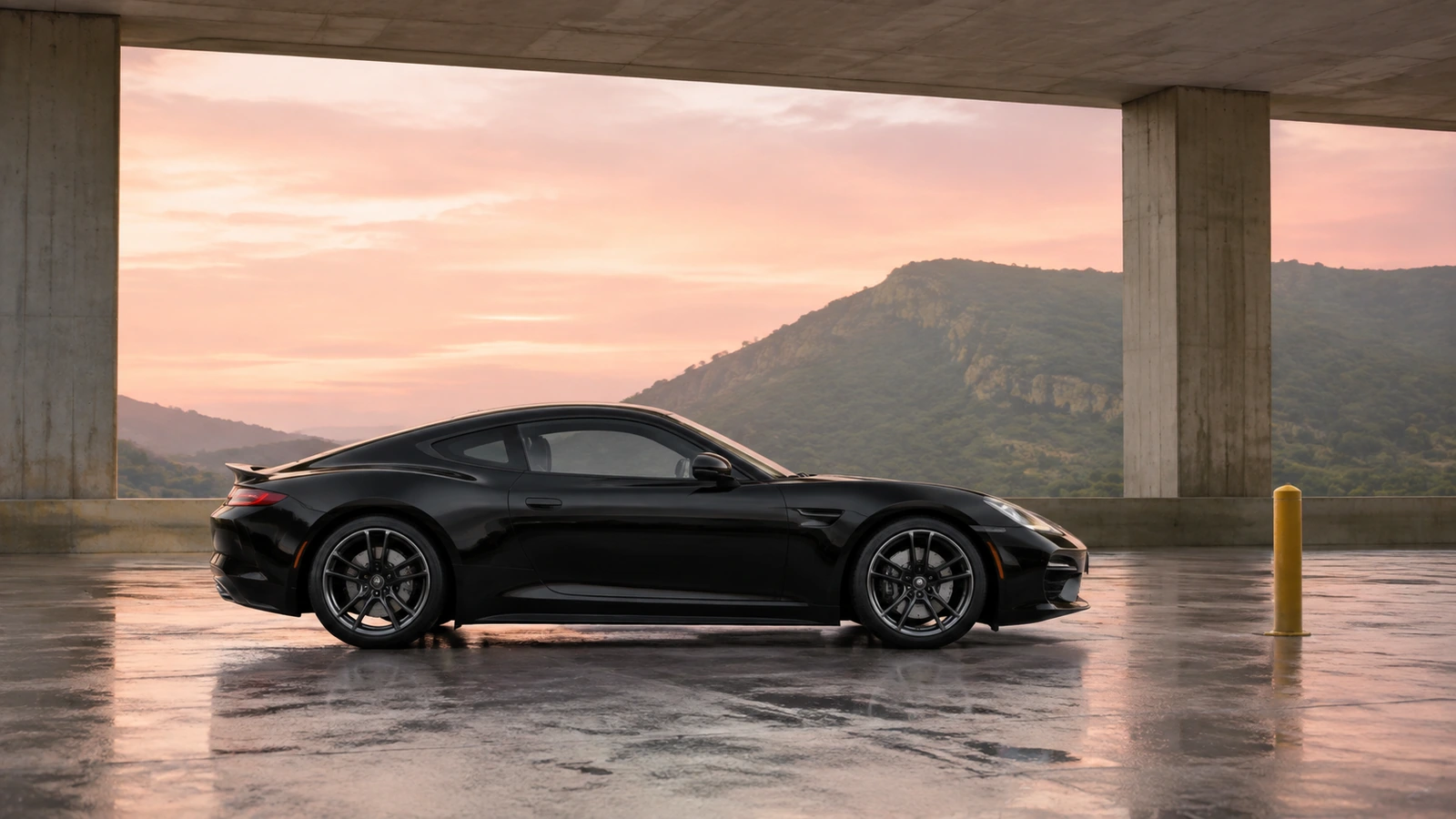 A black sports coupe waits beneath an open concrete portico beside a yellow bollard at dawn.