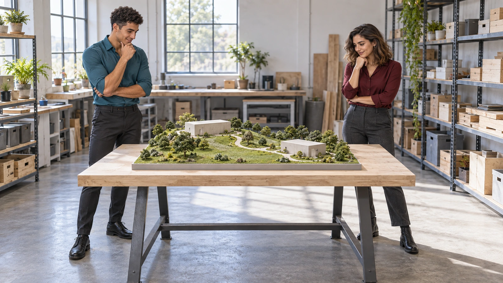 Two builders inspect a tabletop landscape model with a curved path.