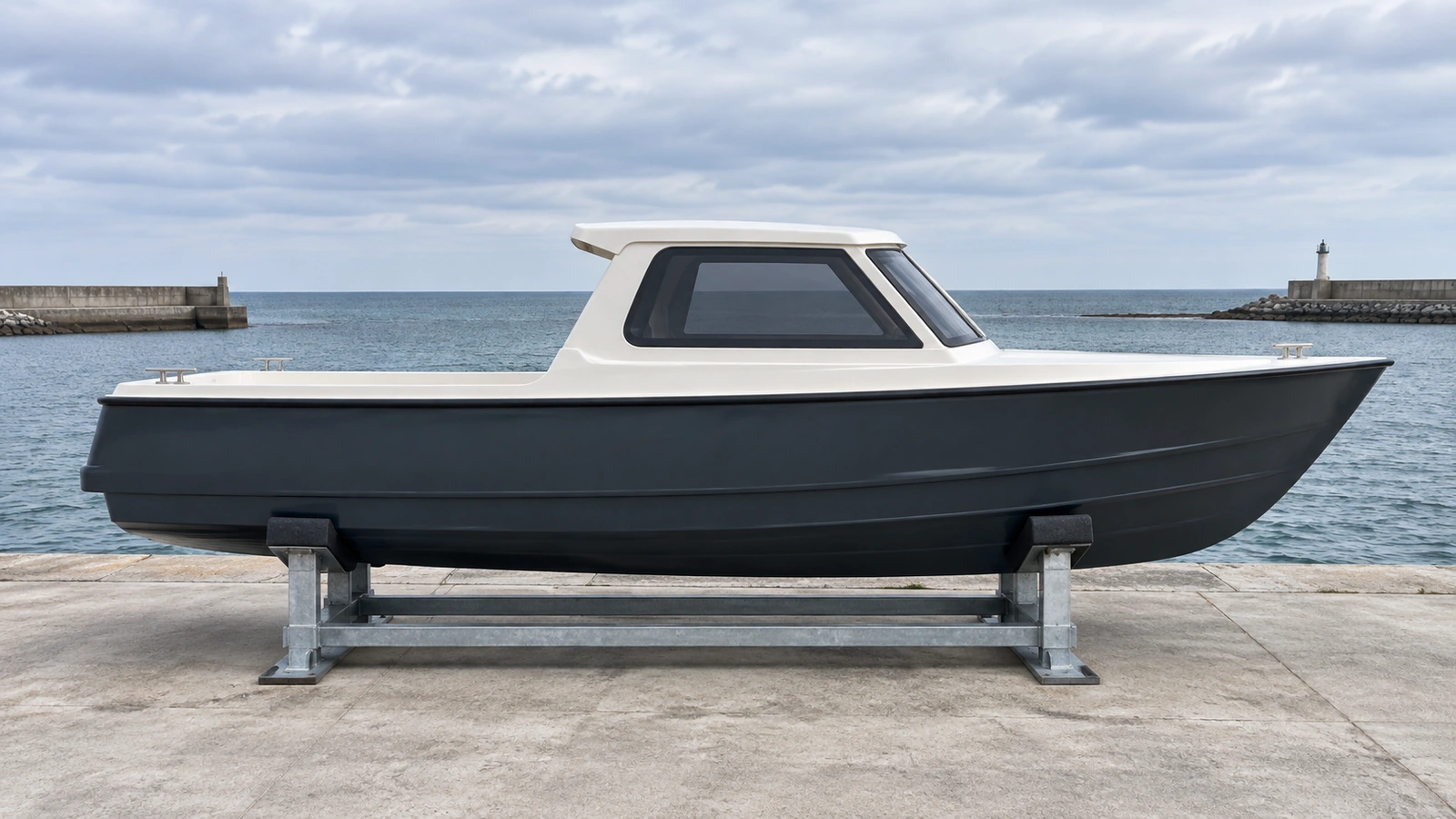 A graphite-hulled utility boat with an off-white cabin rests on one steel storage cradle beside a quiet harbor.