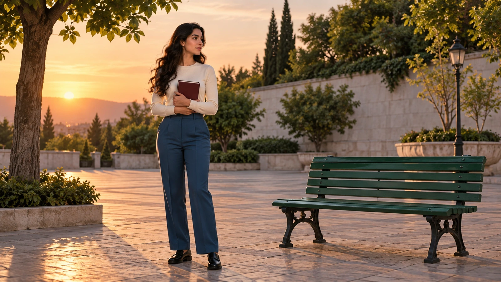 امرأة تحمل دفترًا عنابيًا مغلقًا بجانب مقعد أخضر خالٍ عند الغروب.