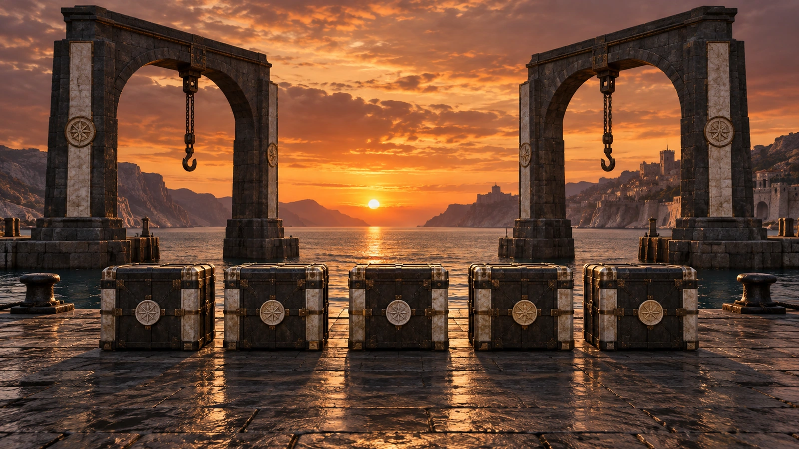 An empty sunset harbor contains two stone loading arches and five sealed cargo cases arranged for inspection, with no people or vehicles.