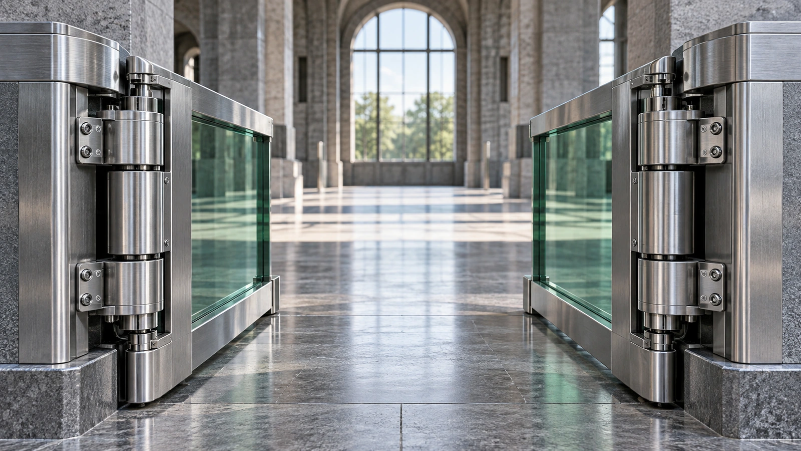An empty industrial hall with one protected central passage and two separate silver access gates.