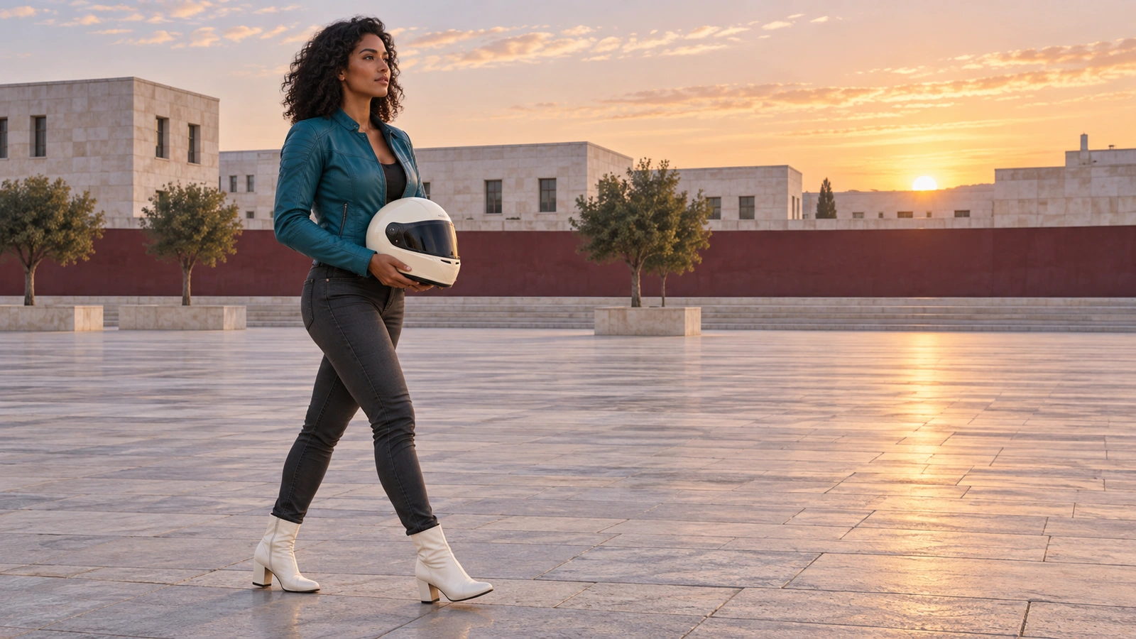 امرأة تحمل خوذة دراجة نارية بلون عاجي عبر ساحة حجرية خالية عند الفجر.