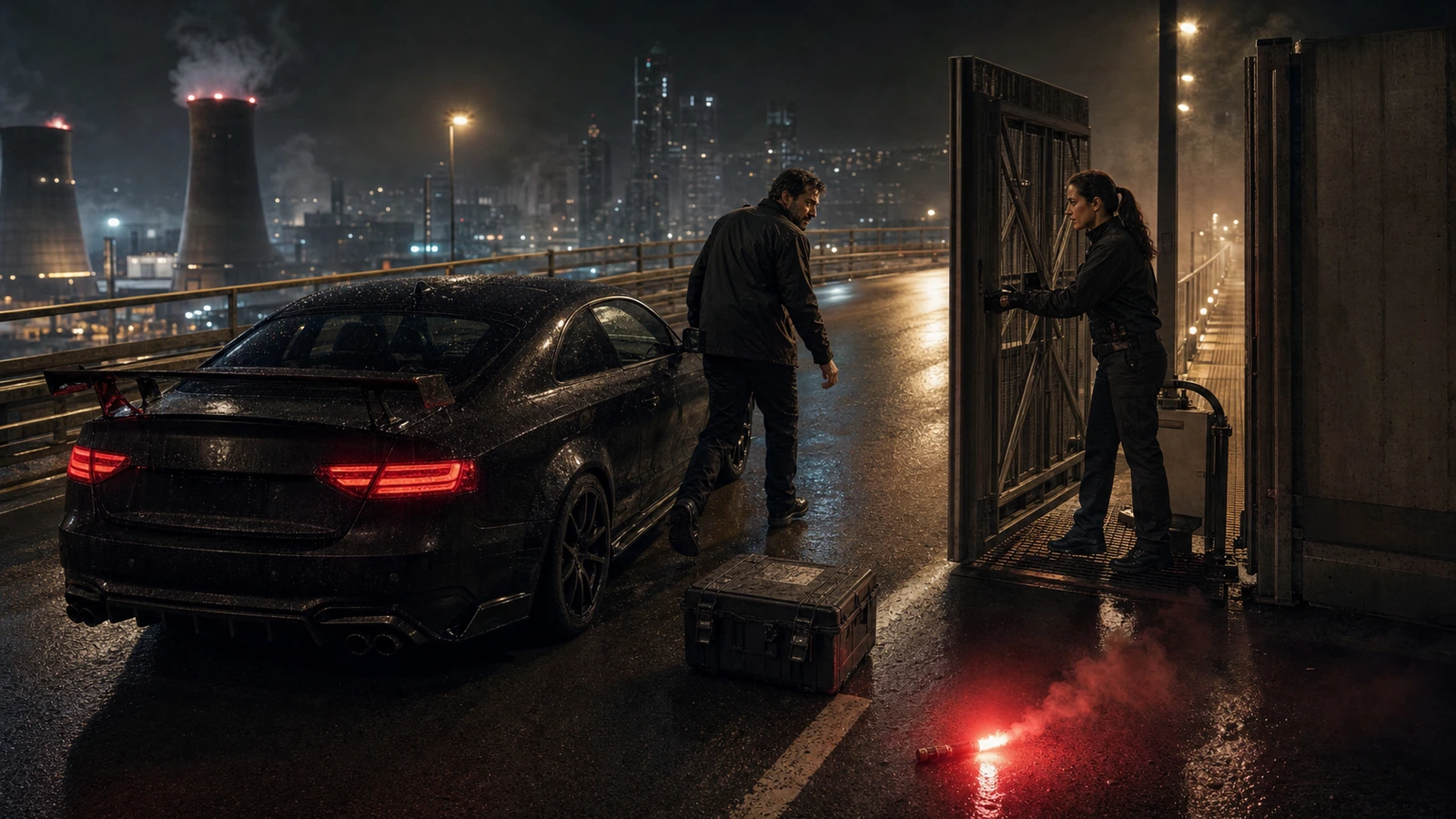 Adult night-race competitors beneath a live final screen, studying a transparent odds board with a marked settlement lane