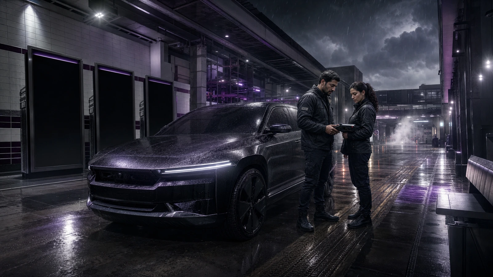 دو راننده بزرگسال یک ترمینال تعویض کلکسیون درخشان را در بازار گاراژ تاریک و بارانی بررسی می کنند