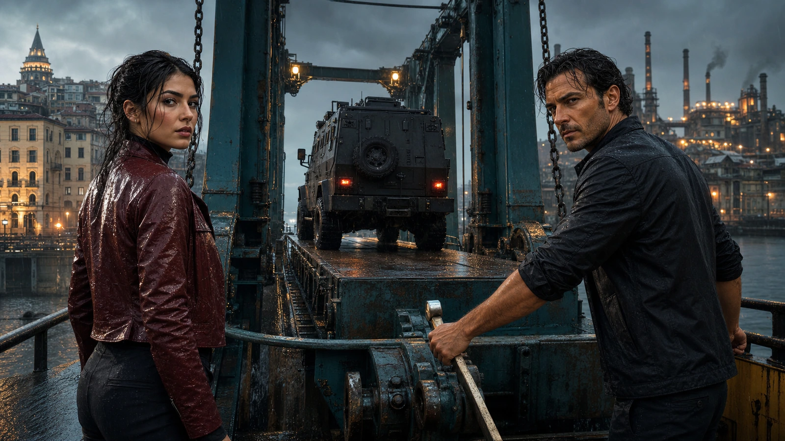 Two adult Balkan-Turkish Night Ash bridge officers inspect one sealed relay gate beside a black armored coupe during a hard coastal rain