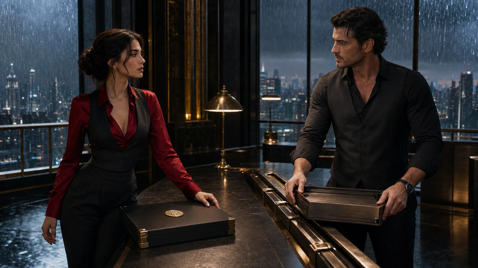 An adult Persian-Turkish woman and an adult European man seal one capped mission treasury case inside a marble-and-steel Night Ash counting room