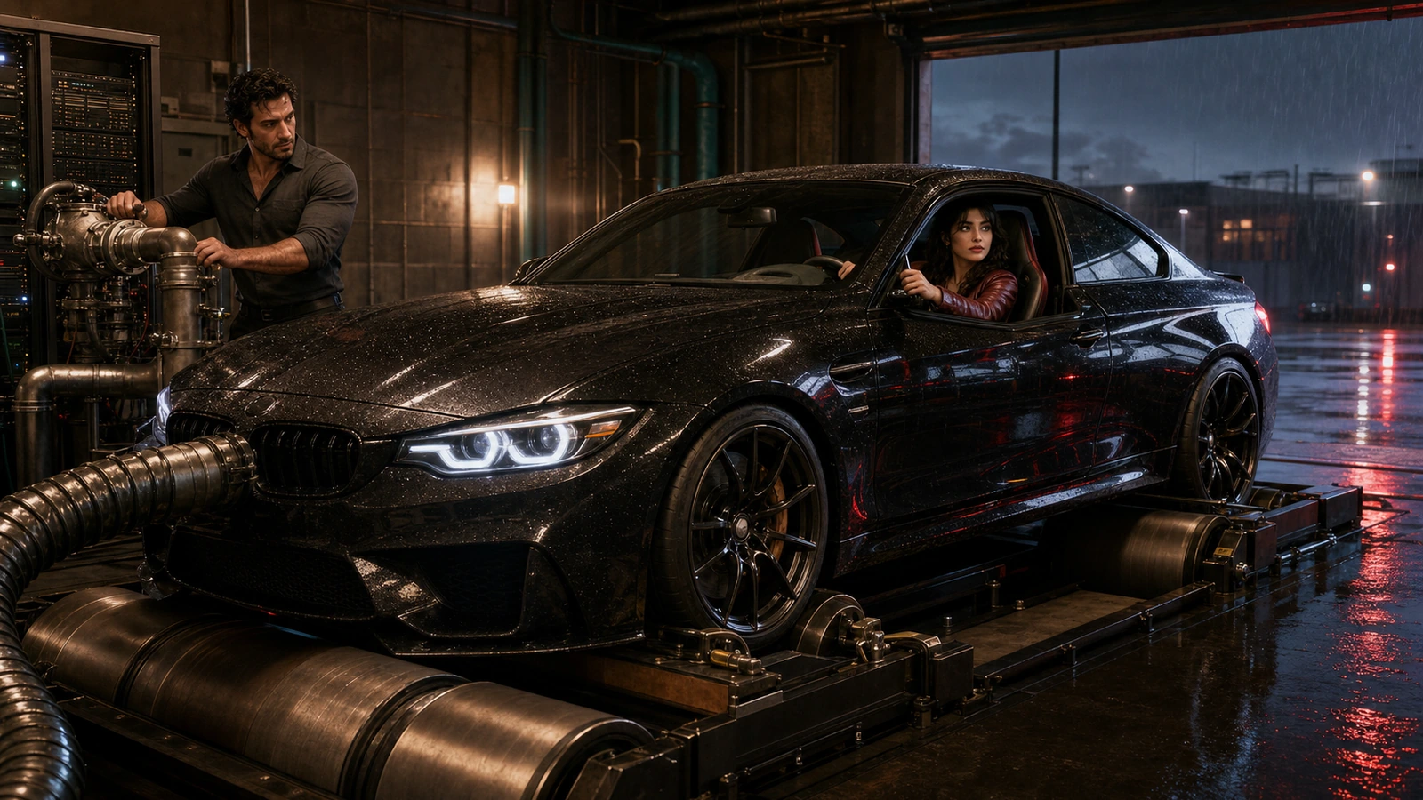 Three adult mixed European, Turkish, and Iranian Night Ash builders review one playable driving build beside a black prototype car in an industrial studio