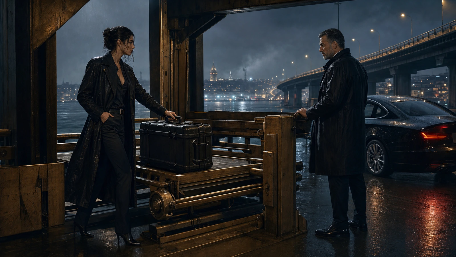 An adult Night Ash strategist sends one sealed cargo case through a mechanical gate while an older route officer verifies one waiting black coupe
