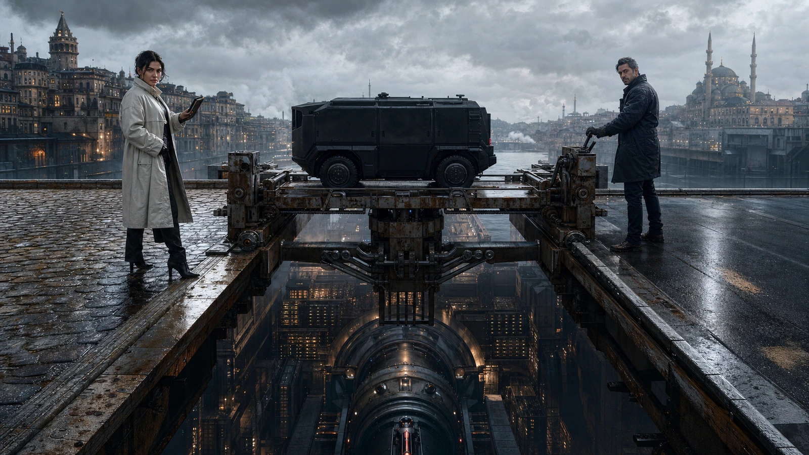 An adult Night Ash route engineer and an older operator secure one cargo vehicle crossing between two district surfaces above a working archive mechanism