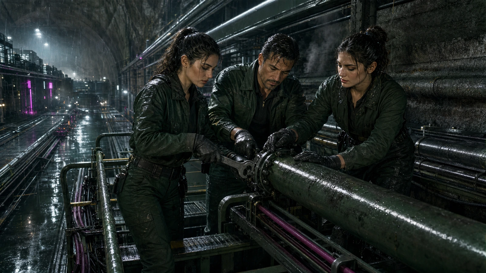 Three adult Night Ash engineers reroute one overloaded mechanical line across separate pipe, rail, and cable systems on a rain-dark service platform