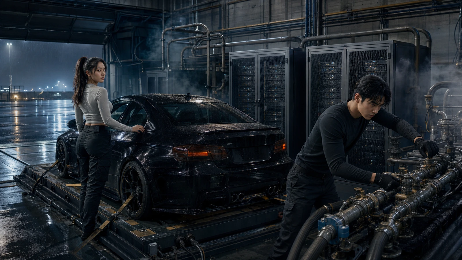 Three adult Night Ash operators supervise one autonomous black vehicle and a sealed transaction case inside a wet command garage.