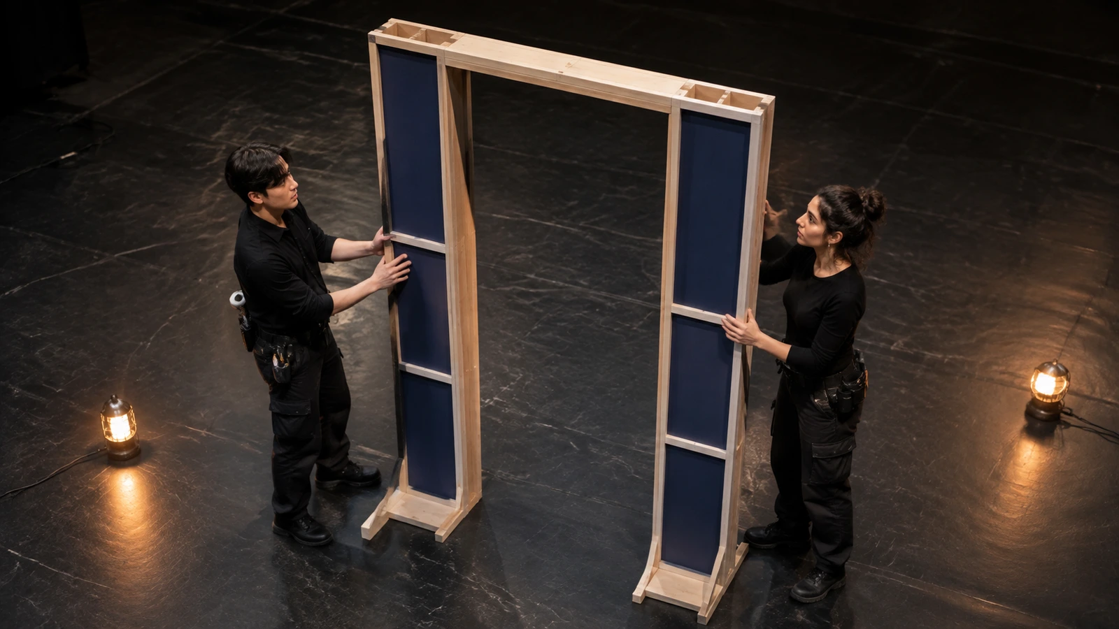 Two adult stage technicians assemble one modular doorway on an empty theatre floor under practical lights.