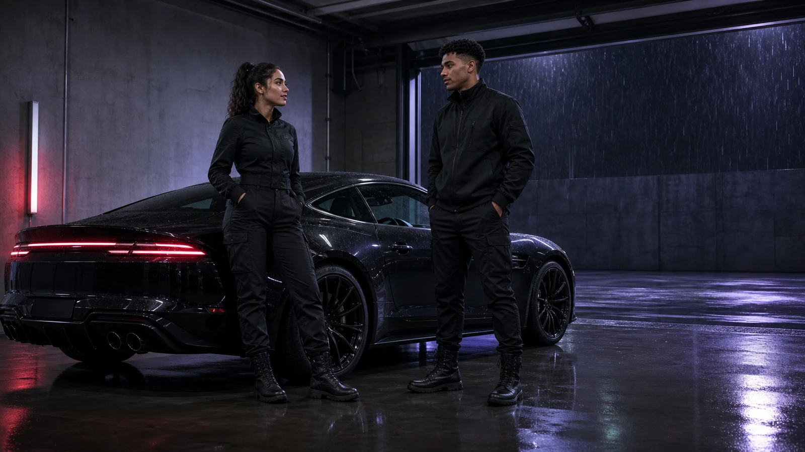 Two young adult Night Ash route designers conduct a cold-return trial in a rain-soaked garage district beside one black coupe.