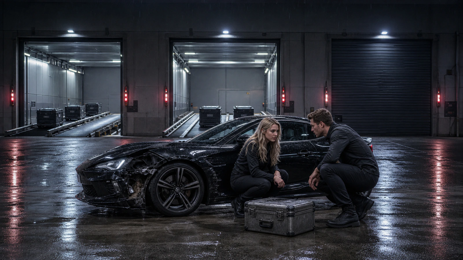 A young adult woman dispatcher and a young adult male driver inspect one damaged coupe while ordinary contracts continue through two lanes and one risky credit lane remains closed