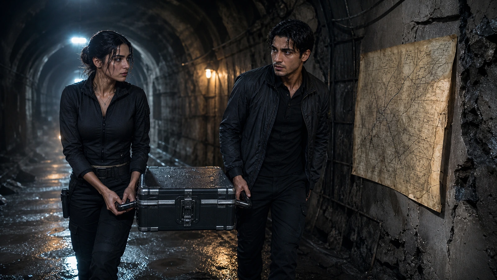 Two adult Iranian and Turkish archive officers carry one sealed data core through a damaged transit tunnel while a remote verification map remains visible.