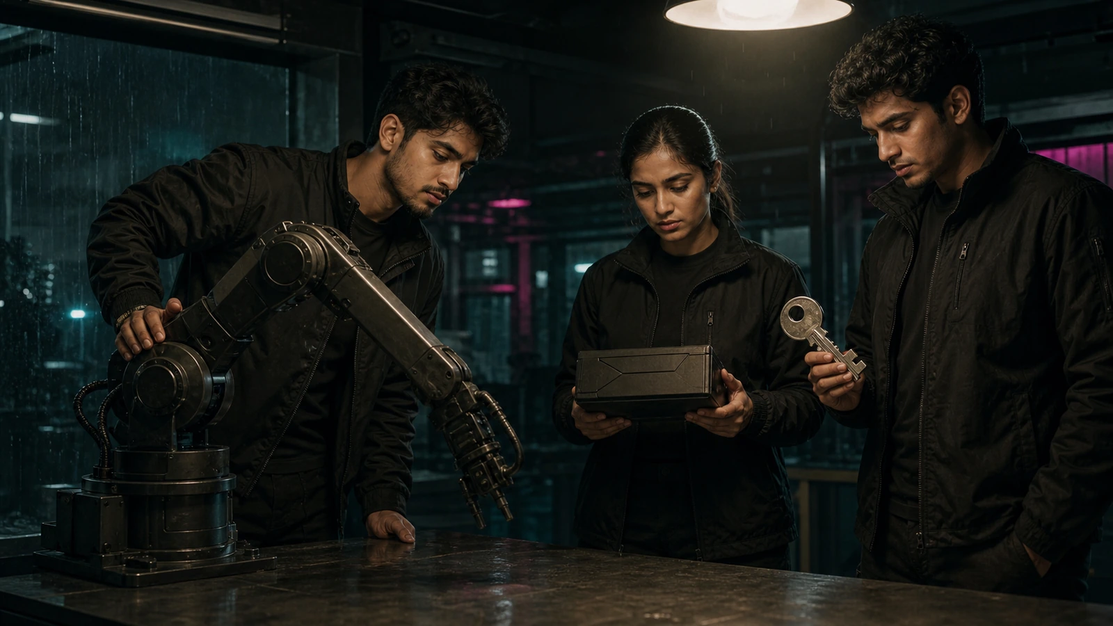 Üç genç yetişkin Night Ash güvence subayı, yağmur karanlığındaki laboratuvarda tek insansı olmayan robot kolunu, bir mühürlü sözleşme modülünü ve bir fiziksel yetki anahtarını inceliyor.
