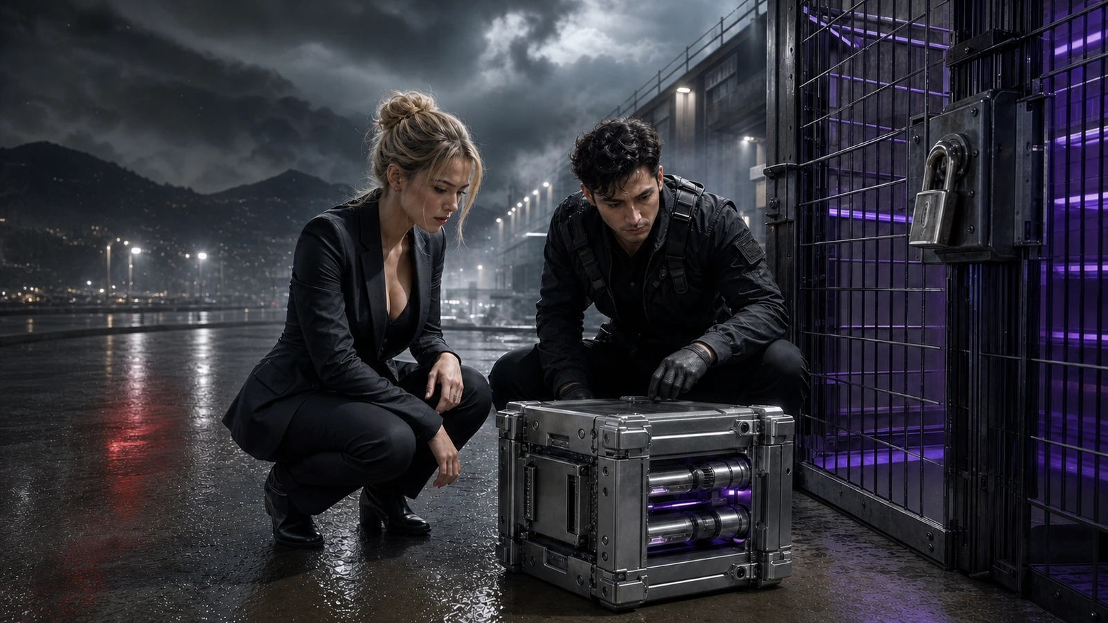 A young adult blond European woman compliance director and a young adult Turkish man route custodian inspect one certified settlement cartridge beside one locked speculation cage in a wet industrial treasury court.