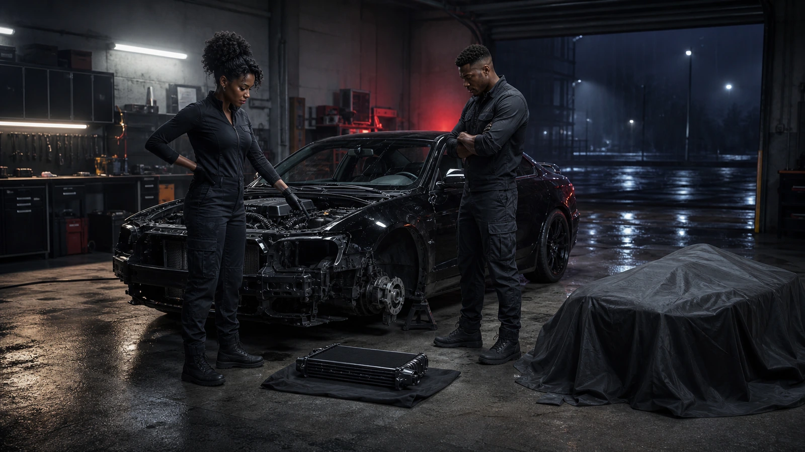 Two adult Night Ash crew leaders approve one essential brake assembly and postpone one cloth-covered upgrade beside one partially stripped black road car