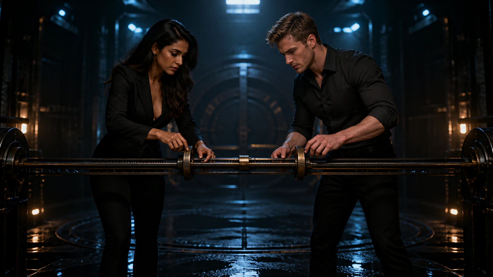A young adult South Asian woman settlement lead and a young adult Nordic man game developer align exactly two timestamp rings on one mechanical event rail in a rain-dark test chamber.