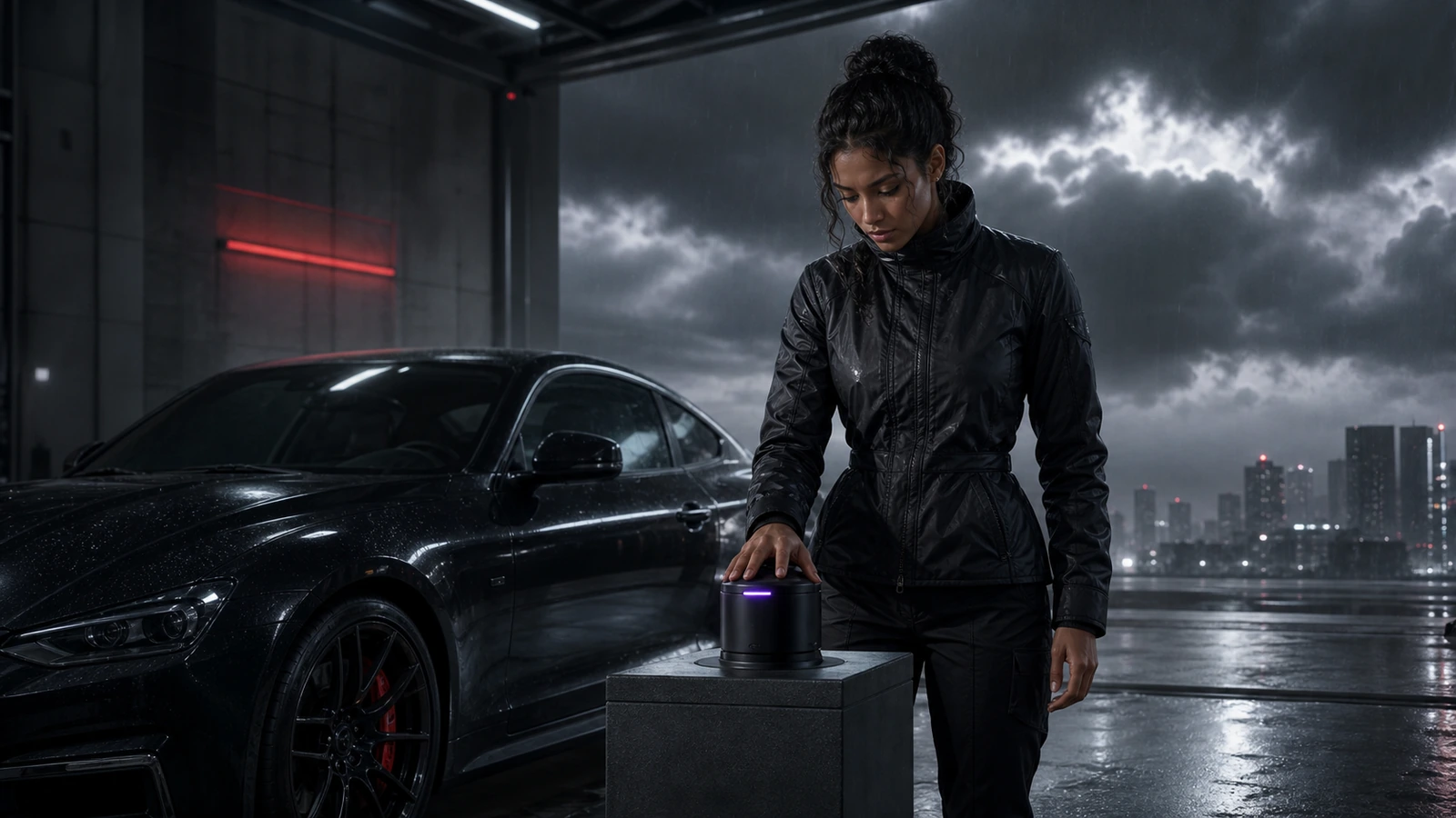 A young adult Night Ash operator authorizing a narrowly scoped software agent beside one black coupe in a rain-lit garage command bay.