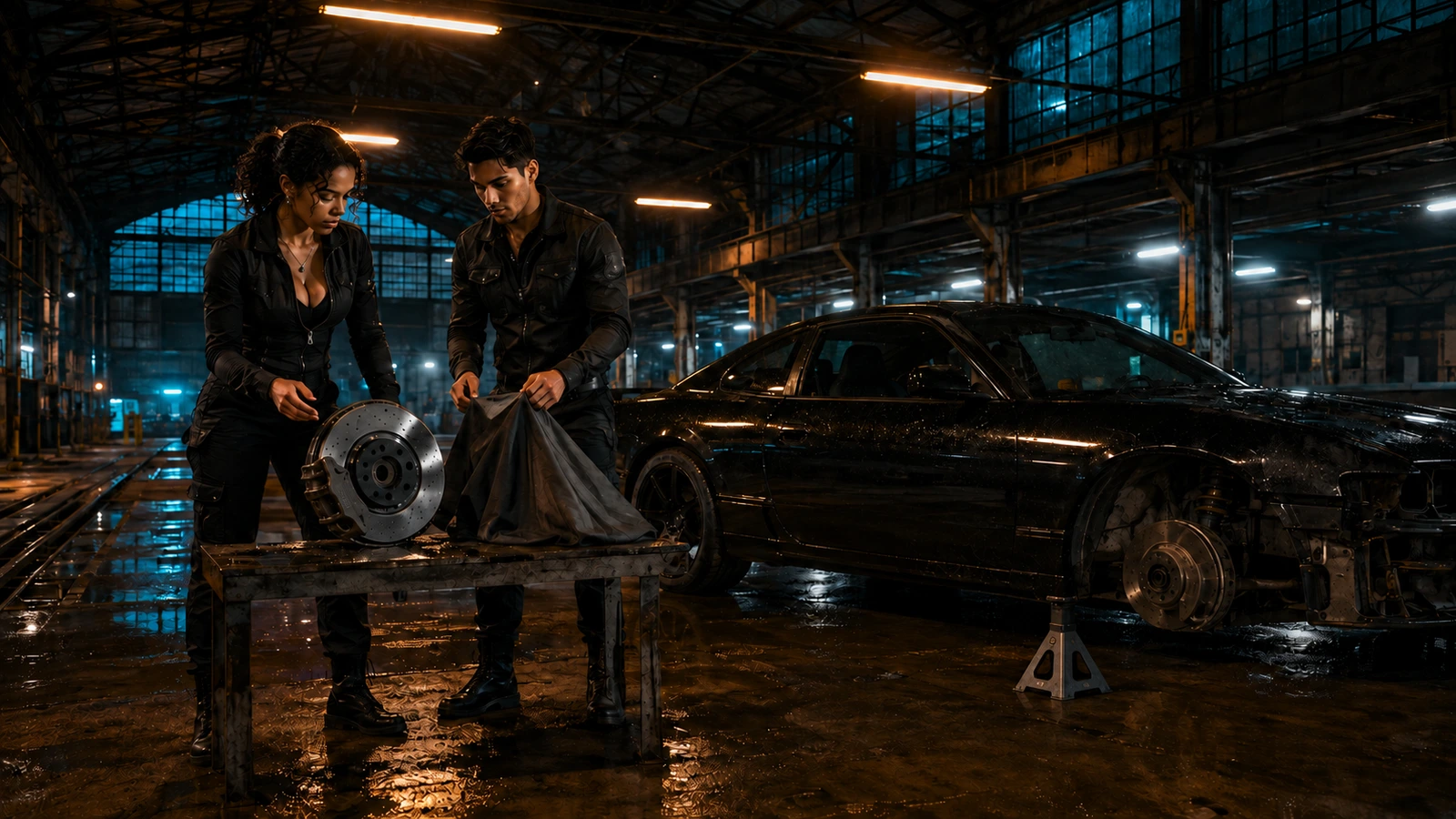 Two adult Night Ash crew leaders approve one essential brake assembly and postpone one cloth-covered upgrade beside one partially stripped black road car