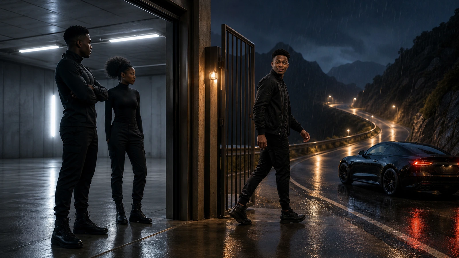 A young adult Night Ash identity team observing a single operator move from garage access to a rain-soaked race route without a second login.
