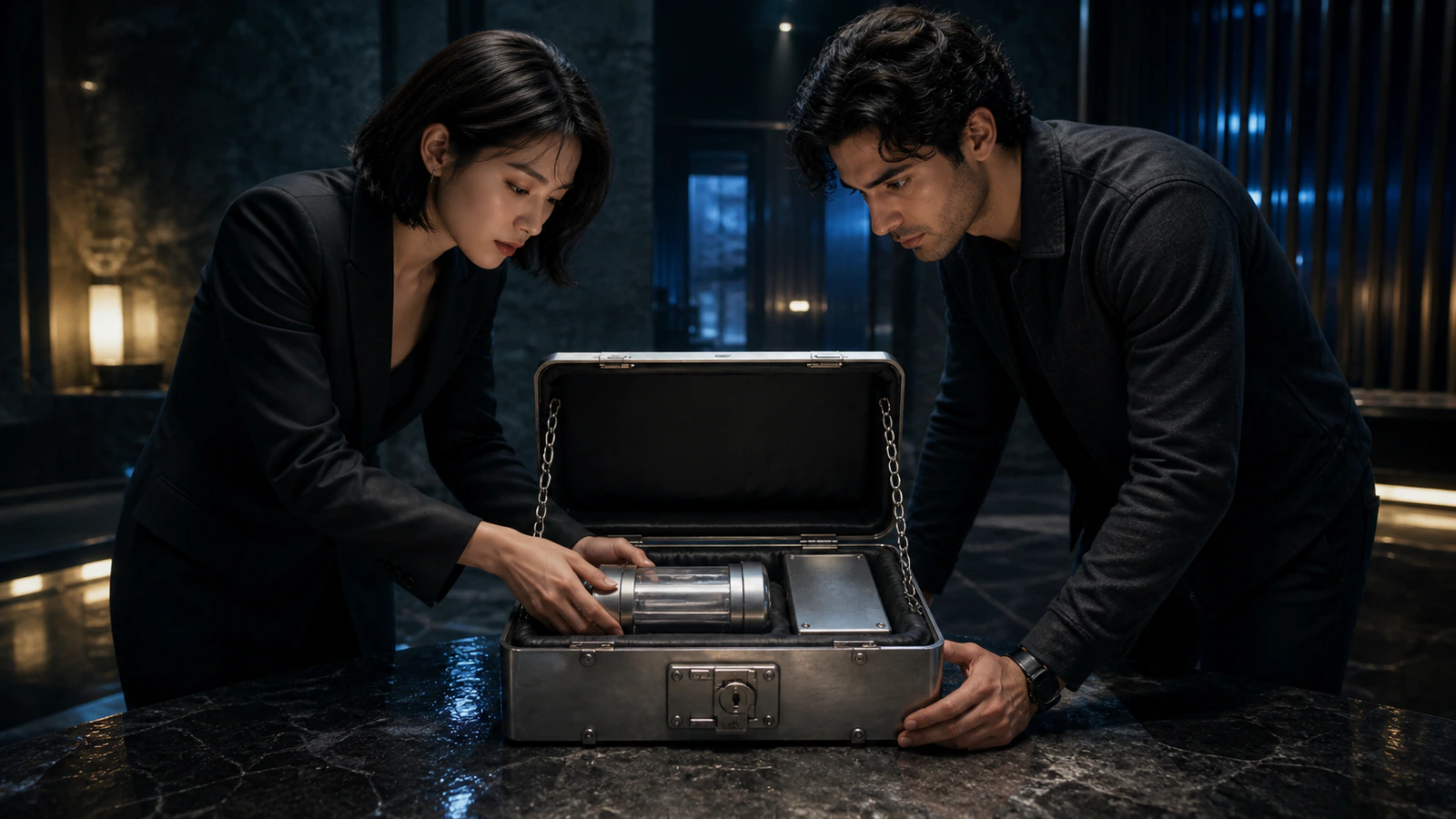 A young adult East Asian woman custody officer and a young adult Persian man member place one recovery capsule beside one transfer receipt inside one chain-parameter lockbox.
