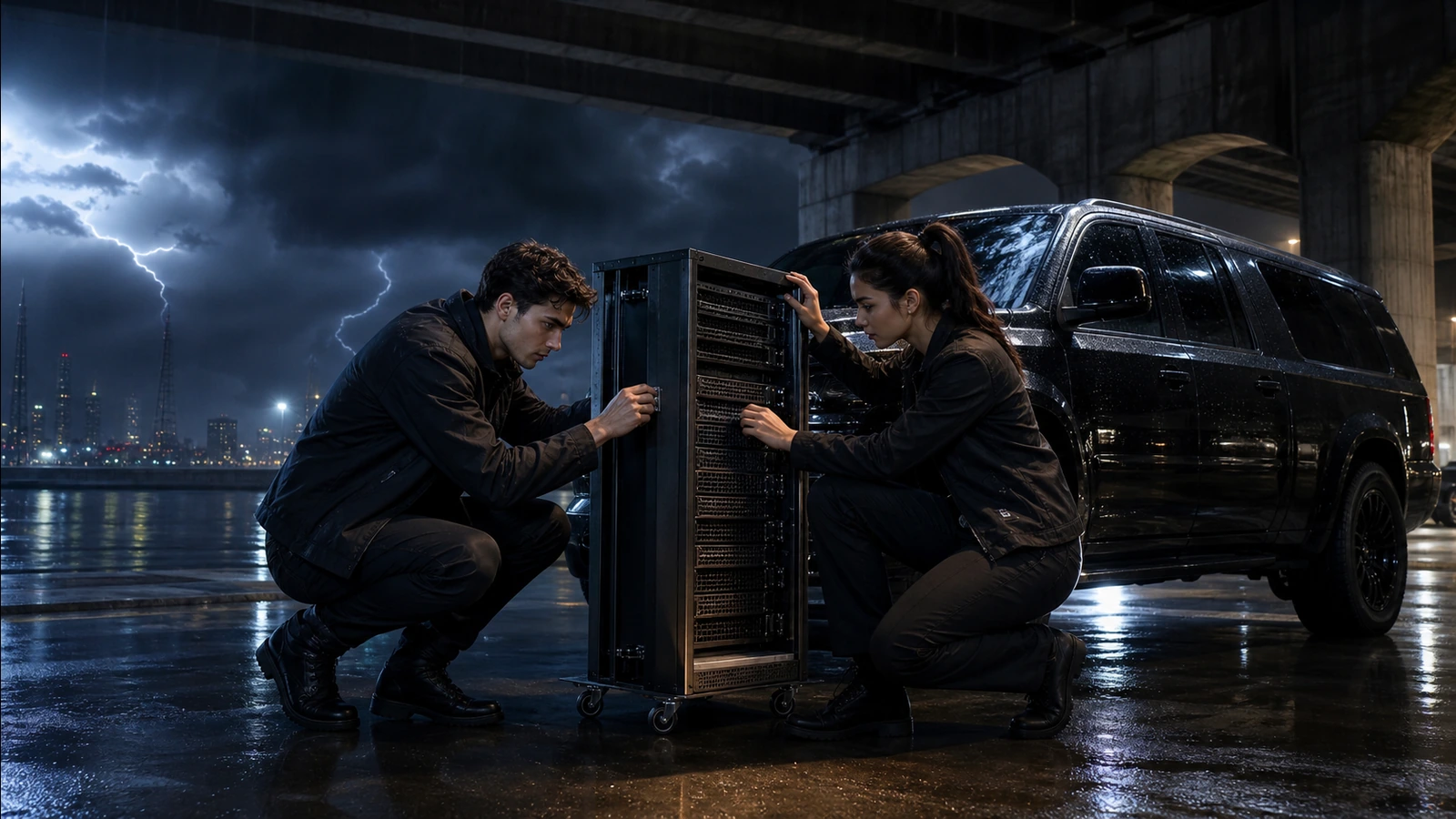 Two adult Iranian and European field engineers activate a portable compute rack beside one black response vehicle under a storm-lit overpass.