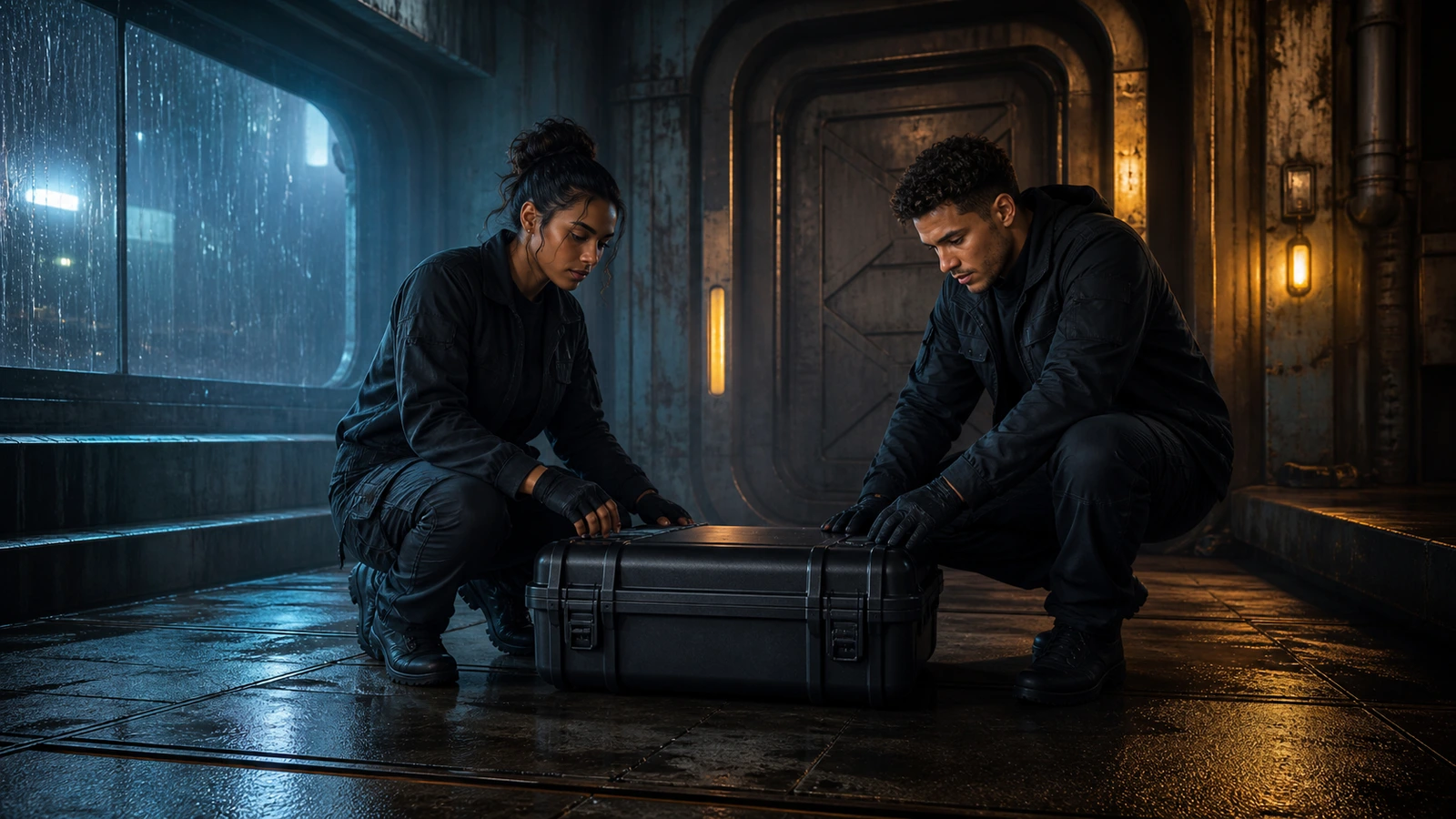 دو بزرگسال Night Ash اپراتور محیط زیست یک مورد ساخت بسته در داخل یک اتاق عبور بارانی را بررسی می کنند.