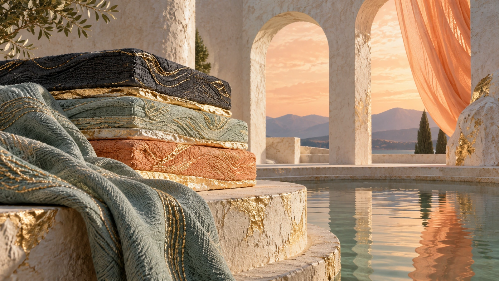 Unlabelled layered textiles rest on plaster steps beside a reflective courtyard pool.