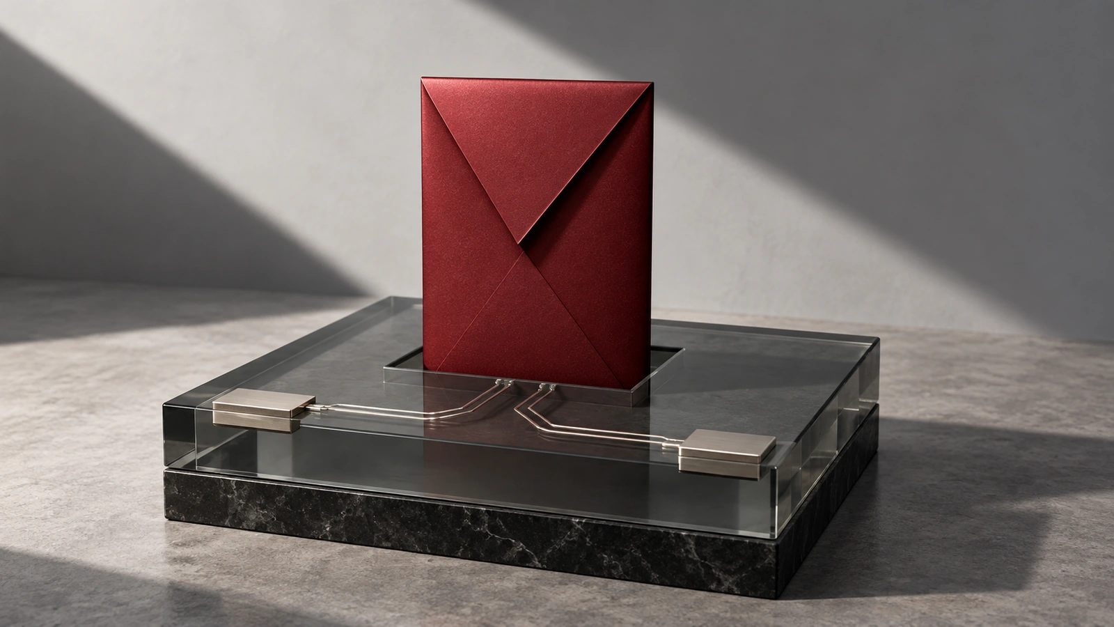 Conceptual sealed red envelope on glass, with two visible address terminals and engraved transfer paths.