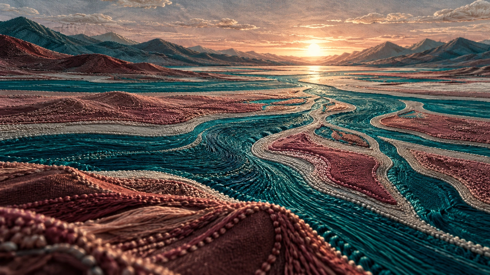 Stitched teal channels carry liquidity through a tactile rosewood river delta toward a distant horizon.