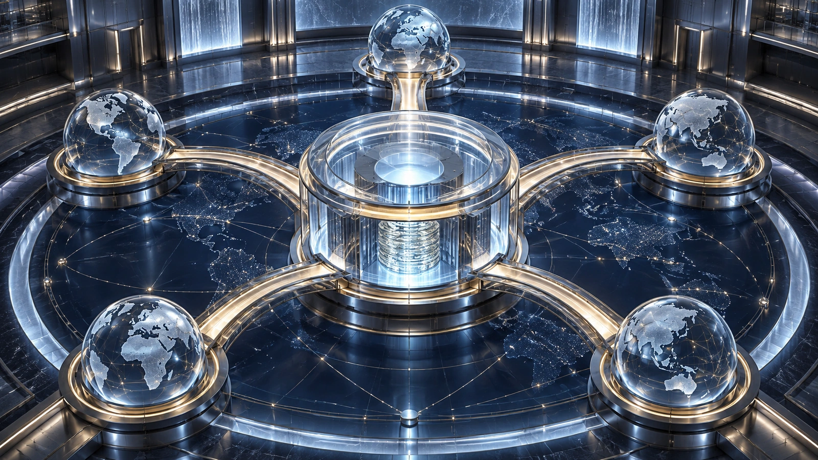 A transparent stable-value reserve core connects through five metallic arcs to a global distribution network.