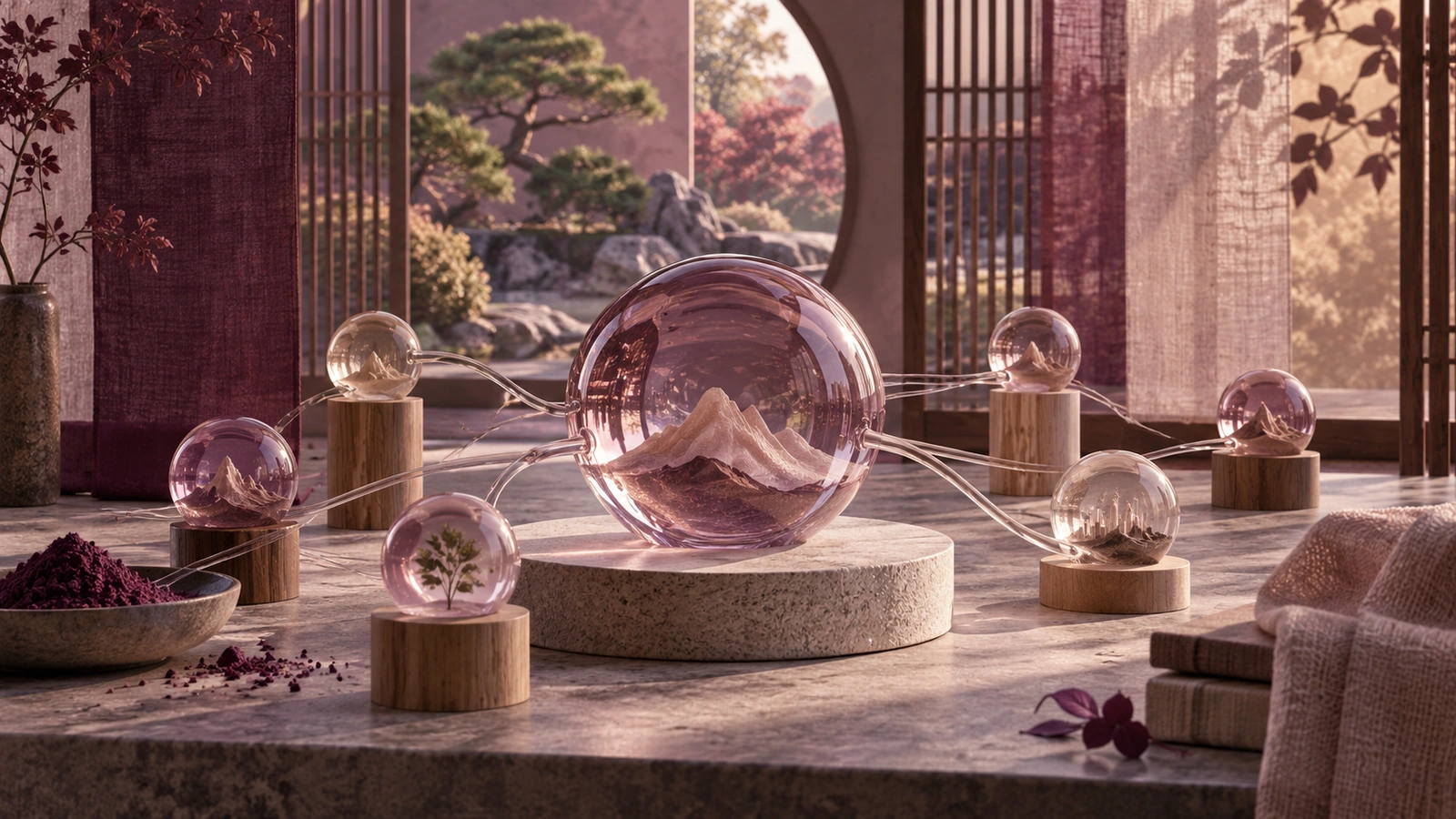 A translucent pink glass form linked to smaller glass spheres in a screened garden.