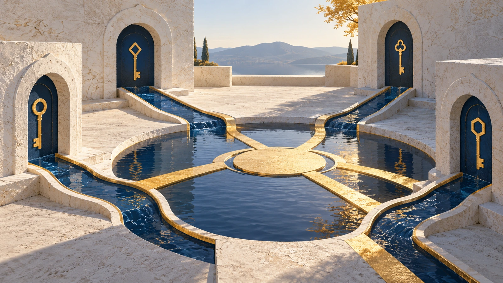 Four independently keyed gateways joining a shared coordination pool through separate water paths.