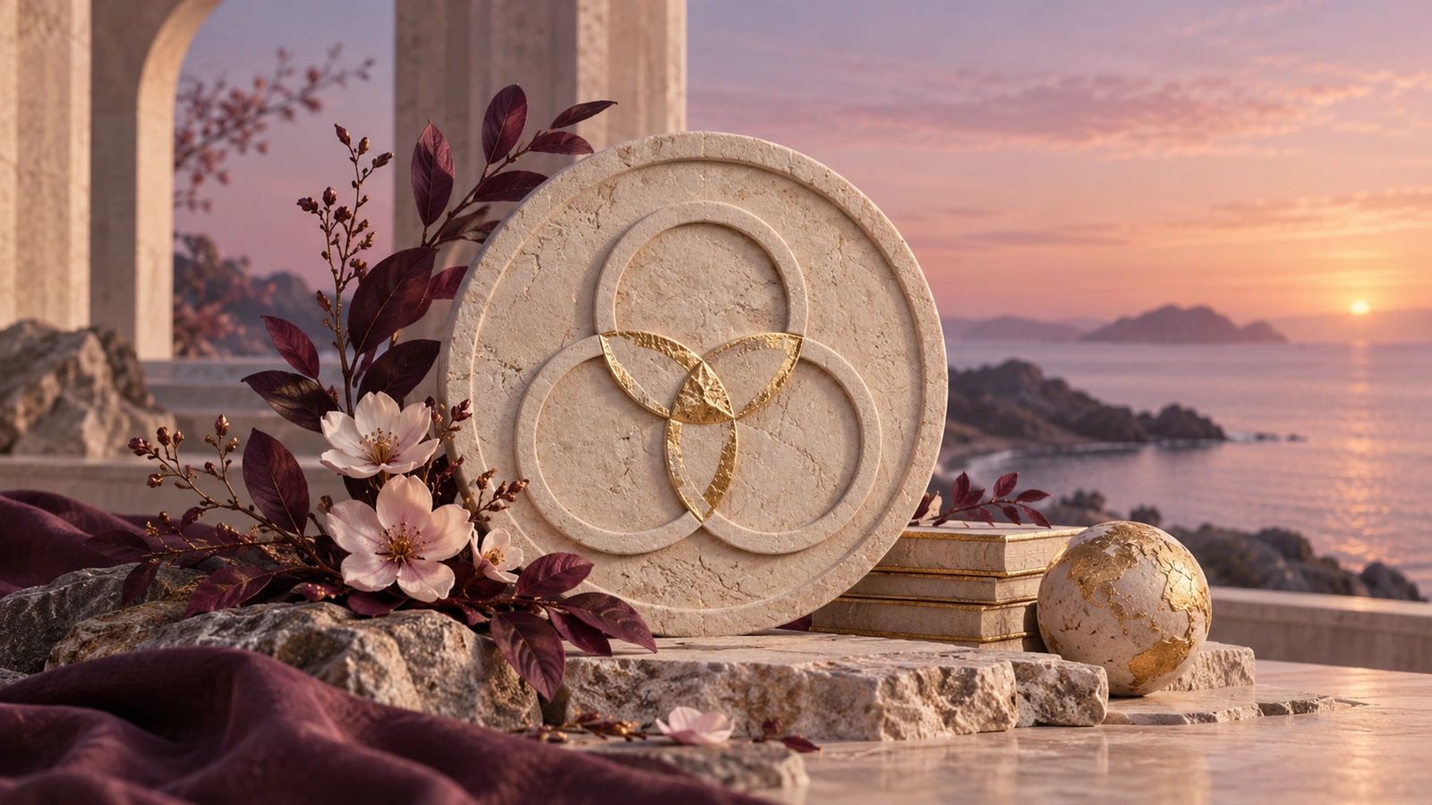 Three interlocking gold arcs in a stone relief at a quiet coastal threshold