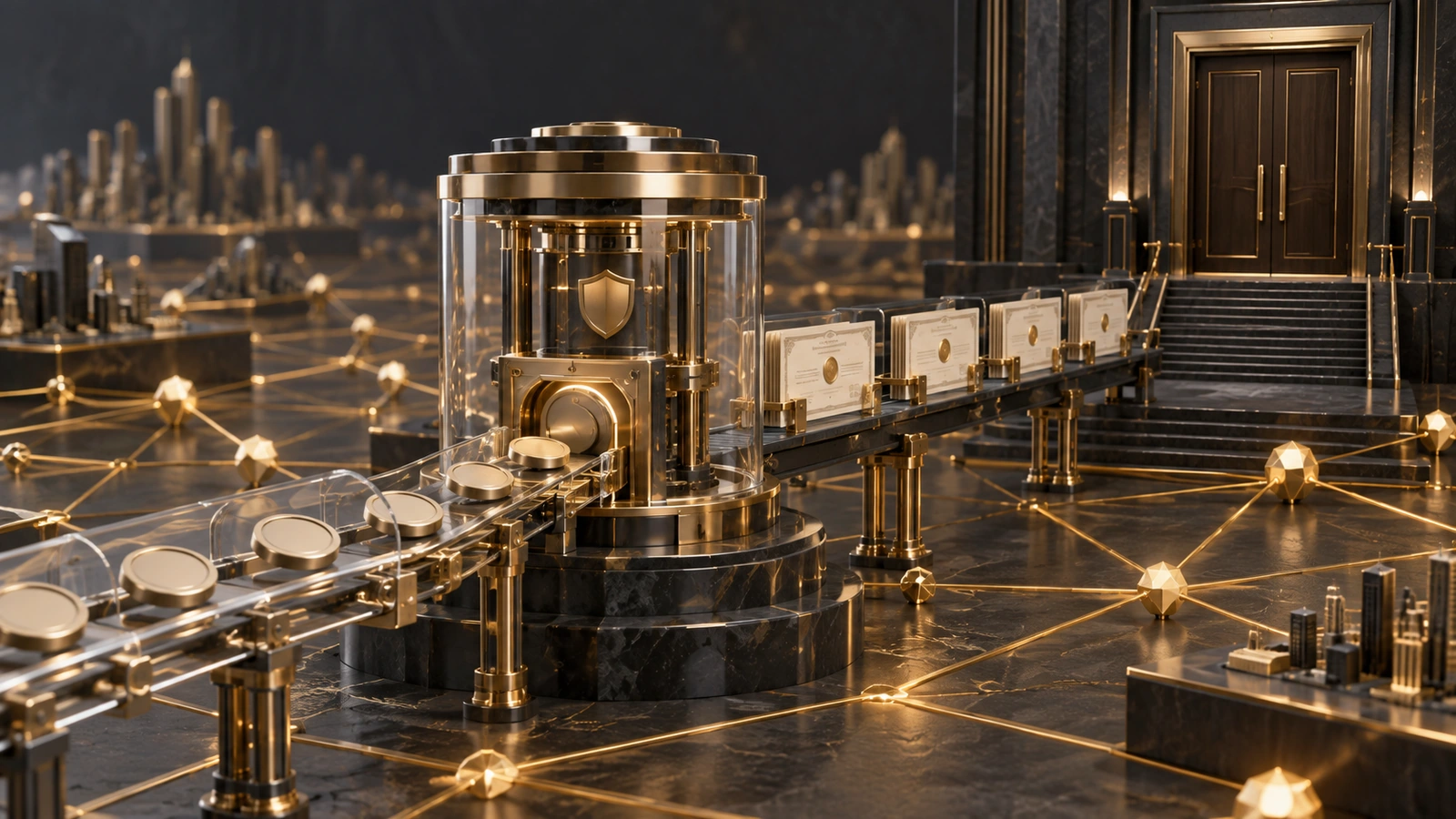 Neutral token discs pass through a guarded treasury toward share certificates while a distant boardroom door remains closed.